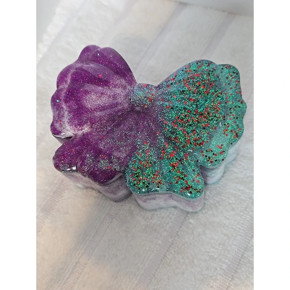 Handmade Resin Bow Shaped‎ Trinket Box With Lid Purple Green Glitter 769